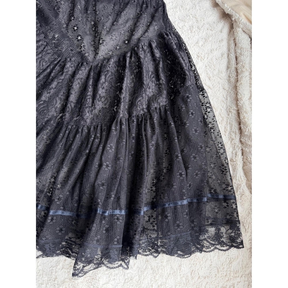 Vintage Black Sheer Patchwork Lace Tiered Midi Skirt Scalloped Hem Paris France - Picture 7 of 11